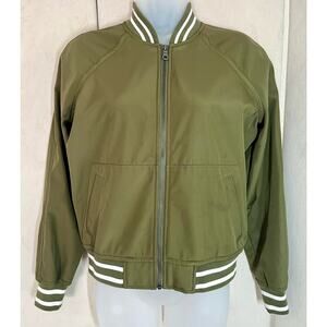 Madewell Bomber Varsity Jacket Army Green Striped Trim Soft Fleece lined XS